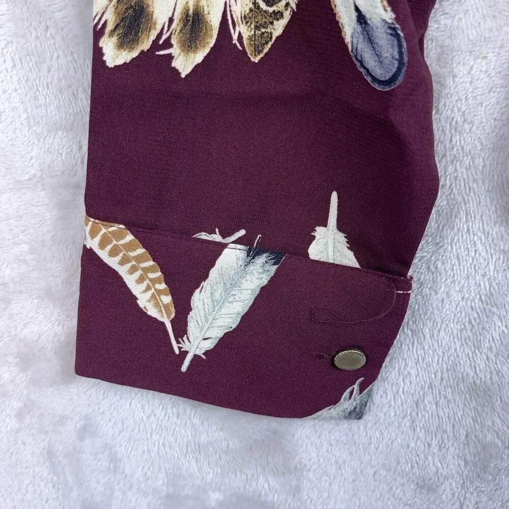 Pinkyotto New York Blouse Mock Nexk Feather Print Burgundy Top Med Boho Earthy